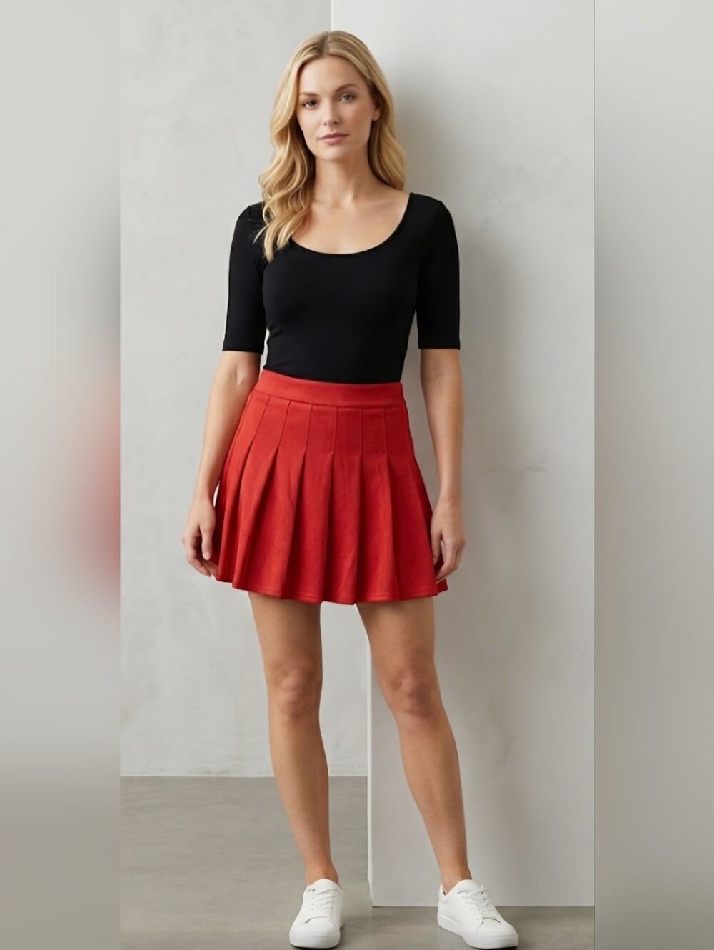 Red Pleated Mini Skirt